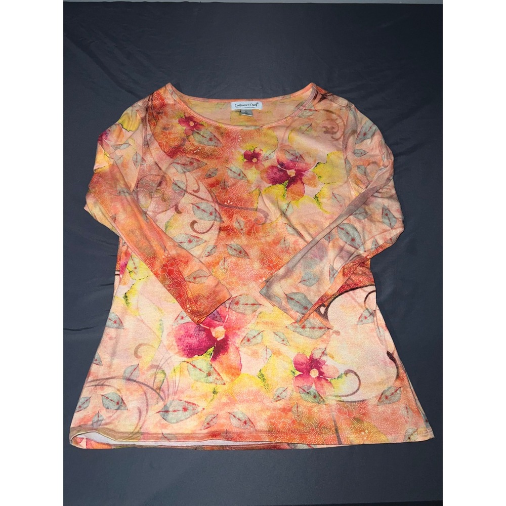 Coldwater Creek Floral Mesh Top Womens XL Orange Long Sleeve Scoop Neck